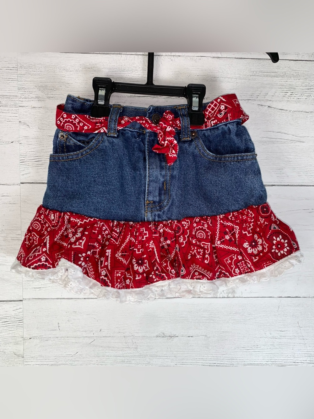 Kiddie Korral Blue denim red bandana Frill/Belt western skirt Cowgirl 4T Pockets